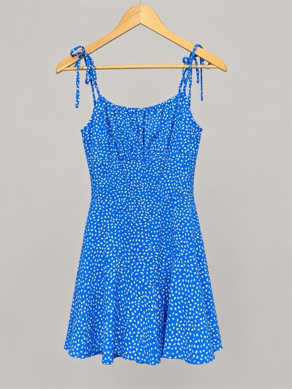 Blue Tie-Shoulder Mini Dress with White Dot Print